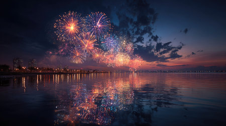 A breathtaking fireworks display lights up the night sky above tranquil water, creating stunning reflections and a vibrant atmosphere during dusk.の素材