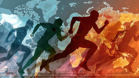 A striking image showcasing dynamic silhouettes of runners against a colorful world map background, symbolizing athleticism and global competition.の素材