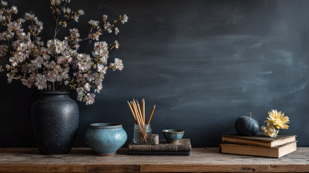 A serene still life scene featuring delicate flowers in vases arranged on a rustic wooden table, complemented by books and stationery against a chalkboard backdrop.の素材