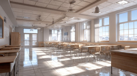 A bright and spacious classroom featuring wooden desks and chairs, showcasing a modern design illuminated by natural sunlight streaming through large windows.の素材