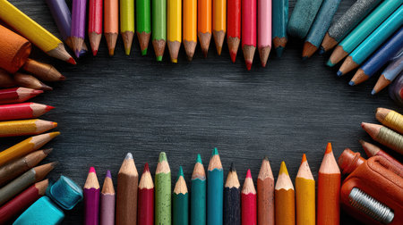 A stunning arrangement of bright colored pencils creates a beautiful frame on a dark wooden surface, perfect for artistic projects and educational use.の素材