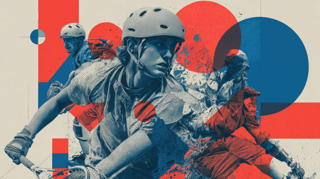 This vibrant image captures the intensity and excitement of youth skateboarding, showcasing athletes in motion against a bold color palette, emphasizing sport and determination.の素材