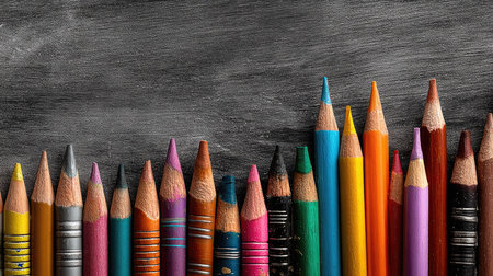 A vibrant collection of colorful pencils arranged against a dark background, ideal for educational and artistic purposes. Perfect for creative projects.の素材