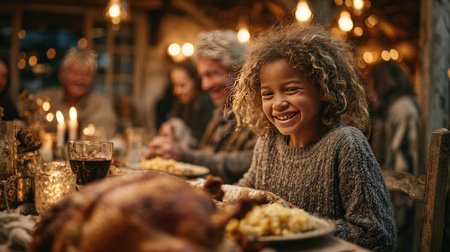 A joyful child with curly hair smiles while enjoying a hearty family meal with friends, capturing the warmth of togetherness in a cozy rustic setting.の素材