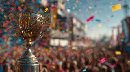 A gleaming golden trophy stands prominently in the foreground, symbolizing achievement amidst a vibrant festival atmosphere filled with colorful confetti and a cheering crowd.の素材