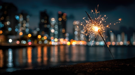 A mesmerizing sparkler lights up the night against a blurred city skyline, creating a dreamy atmosphere with shimmering reflections in the water.の素材