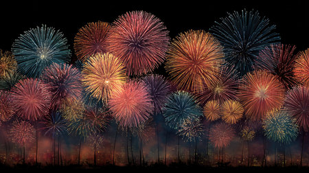 Stunning fireworks lighting up a city skyline at night create a vibrant atmosphere for celebration, perfect for conveying festive joy and excitement.の素材