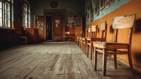 This image captures an abandoned classroom featuring weathered wooden chairs arranged neatly, with peeling walls and an air of nostalgia. The rustic interior evokes memories of a bygone era, making it an ideal backdrop for themes of solitude and decay.の素材