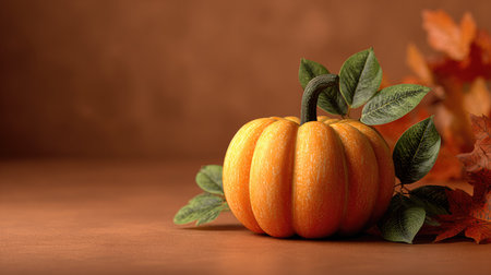 This image captures a vibrant orange pumpkin resting on a wooden surface, surrounded by autumn leaves. The warm tones evoke the essence of fall, ideal for seasonal decor and festive celebrations.の素材