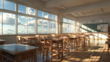 A bright and inviting classroom showcasing wooden desks bathed in natural light from large windows. The serene environment enhances focus and learning.の素材