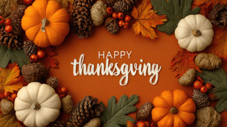 Vibrant and warm Thanksgiving decoration featuring colorful pumpkins, pinecones, and autumn leaves, perfect for celebrating gratitude and togetherness.の素材