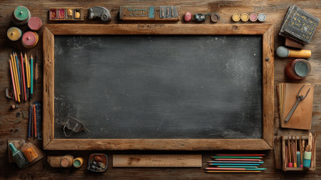 A vintage chalkboard sits prominently on a rustic wooden table, surrounded by an array of colorful stationery, art tools, and educational supplies.の素材