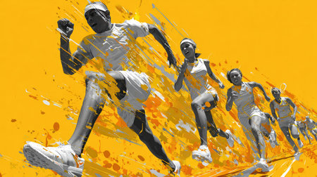 A striking image featuring a series of young athletes in dynamic running poses, set against a bold yellow background that enhances a sense of energy and movement.の素材