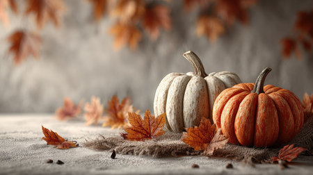 A beautiful display of vibrant pumpkins on a rustic table, surrounded by delicate autumn leaves, capturing the essence of fall celebrations and cozy decorations.の素材