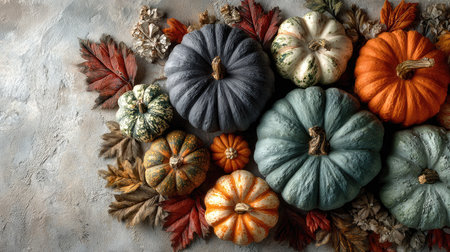 This stunning arrangement showcases a variety of pumpkins nestled among autumn leaves, creating a warm and inviting atmosphere perfect for fall decor and celebrations.の素材