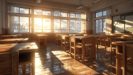 A serene classroom scene showcasing wooden furniture, filled with warm sunlight streaming through large windows at sunset, creating a peaceful atmosphere.の素材