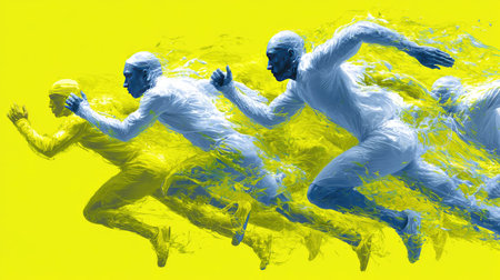 This artwork showcases a series of dynamic runners captured in motion, surrounded by vibrant colors that emphasize speed and energy, perfect for illustrating athletic themes.の素材