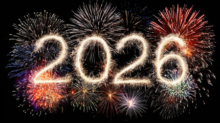 Celebrate the arrival of 2026 with dazzling fireworks lighting up the night sky, creating a vibrant atmosphere of joy and excitement for the new year.の素材