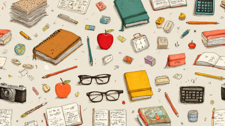 A whimsical illustration featuring vibrant school supplies laid out in a flat design. Perfect for educational themes, stationery projects, and creative backgrounds.の素材