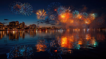 A breathtaking view of a night sky illuminated by colorful fireworks over a city skyline, mirrored in calm water, creating a stunning festive atmosphere.の素材