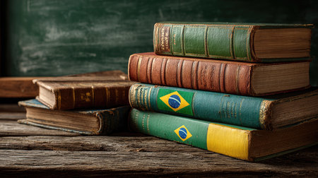 A captivating arrangement of vintage hardback books stacked on a rustic wooden table, featuring a distinctive Brazilian flag cover among textures and colors.の素材