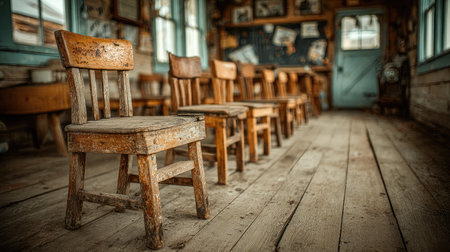 A captivating image of old wooden chairs arranged in an abandoned room, evoking nostalgia and warmth. The interplay of light highlights the chair's textures and the rustic ambiance of the space.の素材
