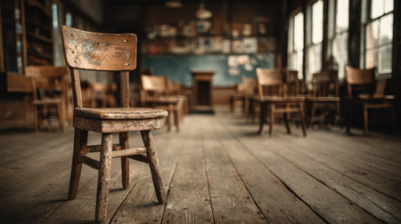 This image captures a solitary vintage wooden chair in an abandoned classroom, evoking feelings of nostalgia and loneliness. Dust gathers on the faded floor and walls, creating a haunting atmosphere that tells a story of forgotten education. The soft light and deep shadows enhance the emotional depth of this rustic setting, inviting reflection.の素材