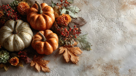 A beautiful arrangement of colorful pumpkins and autumn leaves on a rustic surface, capturing the essence of fall and seasonal celebrations in natural beauty.の素材
