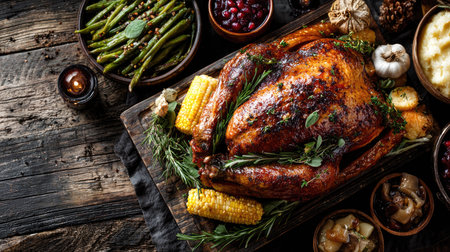 A beautifully arranged Thanksgiving feast featuring a golden-brown roasted turkey at the center, surrounded by colorful seasonal vegetables, fruits, and delicious side dishes, set on a rustic wooden table for an inviting holiday gathering.の素材