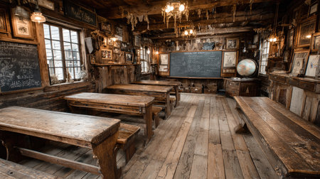Explore a charming vintage classroom interior featuring rustic wooden desks and chalkboards, highlighting an inviting atmosphere steeped in history.の素材