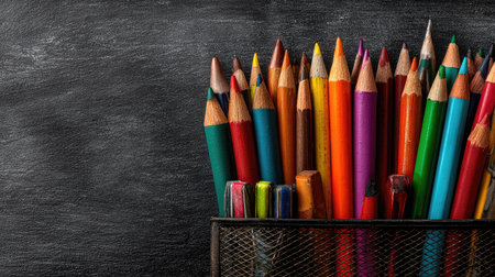 A stunning array of colorful pencils arranged in a mesh holder beside a chalkboard, ideal for themes of creativity, education, and art activities.の素材