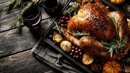 A beautifully roasted turkey garnished with fresh herbs and seasonal berries, surrounded by autumn vegetables and wine glasses, perfect for festive dinners.の素材