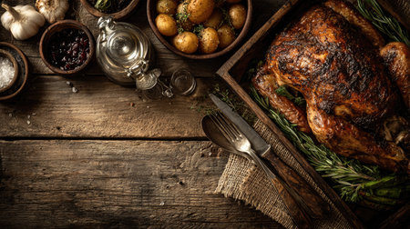A beautifully roasted chicken accompanied by fresh herbs and potatoes, set against a rustic wooden table, creates a warm and inviting dining experience.の素材