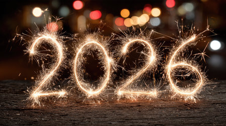 A vibrant display of the year 2026, created with sparklers on a textured wooden surface. The background features colorful bokeh lights, enhancing the festive mood.の素材