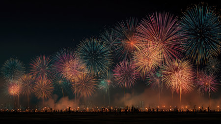 Experience a breathtaking fireworks display lighting up the night sky over a cityscape. Vibrant colors and dynamic explosions create a festive atmosphere, showcasing joyful celebrations and stunning visual art.の素材