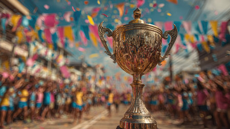 A stunning trophy symbolizes achievement amidst a vibrant festival atmosphere. Colorful decorations and a joyful crowd celebrate the spirit of victory and community.の素材