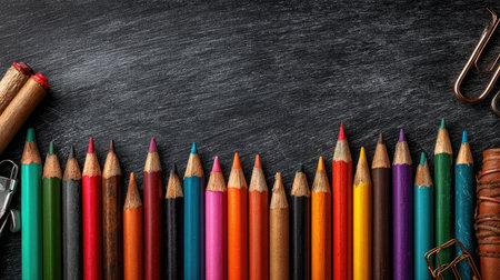 A visually striking arrangement of colorful pencils on a black chalkboard surface, complemented by paper clips and wooden elements, perfect for art and education themes.の素材