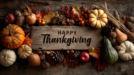 Celebrate the warmth of Thanksgiving with this rustic and inviting composition featuring colorful pumpkins, autumn leaves, and natural decor on wood.の素材