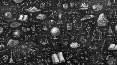 This captivating chalkboard illustration showcases an array of scientific elements, books, and mathematical symbols. Ideal for educational themes.の素材