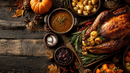 A beautifully arranged roast turkey dinner featuring sides like potatoes, gravy, and cranberry sauce, perfect for Thanksgiving celebrations and gatherings.の素材