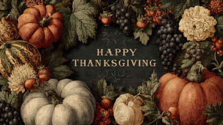 A rich and vibrant fall arrangement filled with pumpkins, gourds, berries, and floral elements, perfect for Thanksgiving celebrations and seasonal greetings.の素材