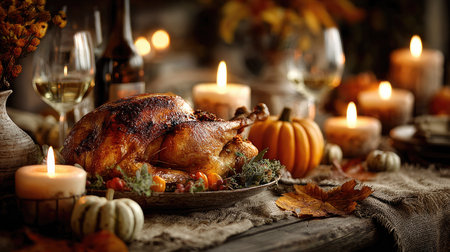 Experience a warm Thanksgiving atmosphere with a beautifully arranged table featuring a golden turkey, soft candlelight, colorful pumpkins, and autumn leaves, perfect for celebrating family and friends.の素材