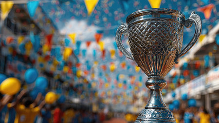 A gleaming trophy stands in the foreground, showcasing excellence amid a vibrant, festive atmosphere filled with bright colors and cheerful decorations.の素材