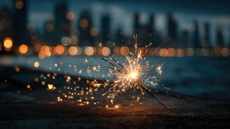 A stunning sparkler emits bright sparks against a beautifully blurred cityscape at dusk. This captivating image captures the joy of celebrations and festivities.の素材
