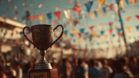 A detailed vintage trophy is prominently displayed in focus, surrounded by a lively festival atmosphere filled with colorful banners and a blurred crowd enjoying the celebration.の素材