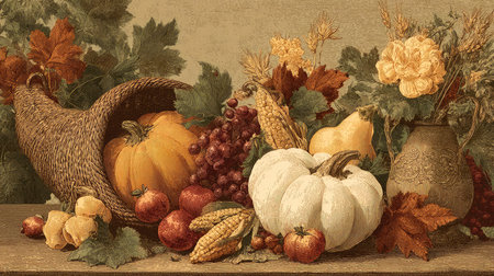 A beautiful harvest cornucopia filled with pumpkins, grapes, and apples rests against a rustic backdrop. This still life embodies seasonal abundance and natural beauty.の素材