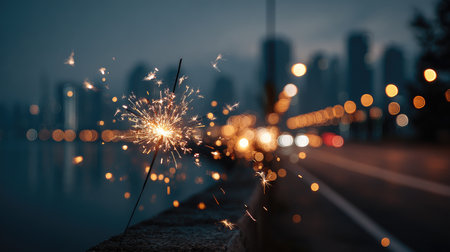 A captivating sparkler flickers in the foreground while a vibrant cityscape and bokeh lights create a magical atmosphere in the background.の素材