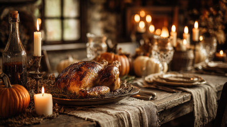 A beautifully arranged Thanksgiving dinner scene featuring a golden roast turkey, soft candlelight, and decorative pumpkins, evoking warmth and togetherness.の素材