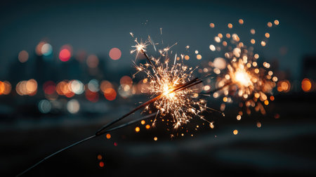A stunning sparkler illuminating the darkness against a backdrop of blurred city lights. Perfect for themes of celebration, joy, and festive occasions.の素材
