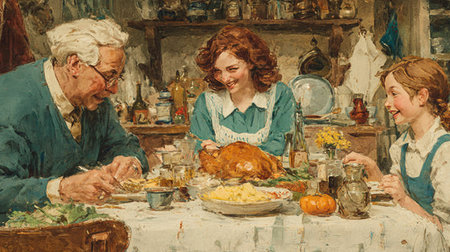 A warm and inviting dinner scene capturing a family enjoying a feast together, highlighting the joy of sharing moments with loved ones across generations.の素材